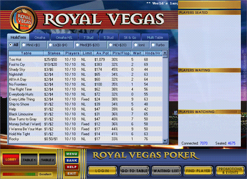 Image of Royal Vegas Poker's Online Poker Lobby