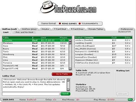 Image of The Poker Club's Online Poker Lobby